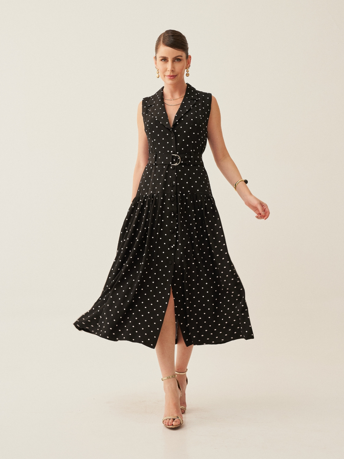 Comprar Vestido Midi em Tecido Poá com Cinto de Tecido e Saia