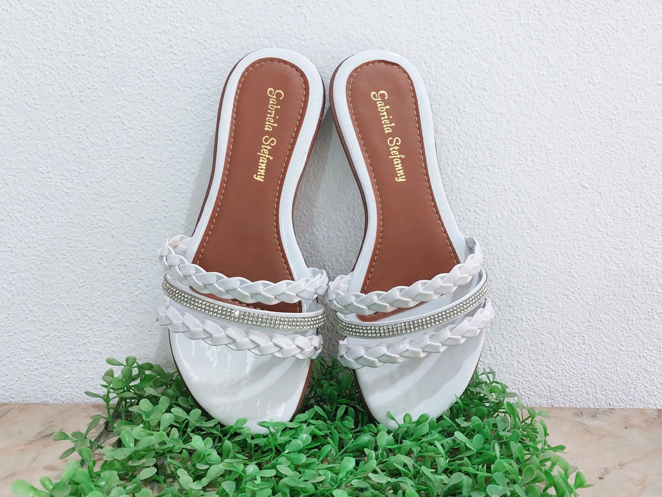 Rasteira Rasteirinha Feminina Tiras Trançadas E Strass Luxo 2505 Branco