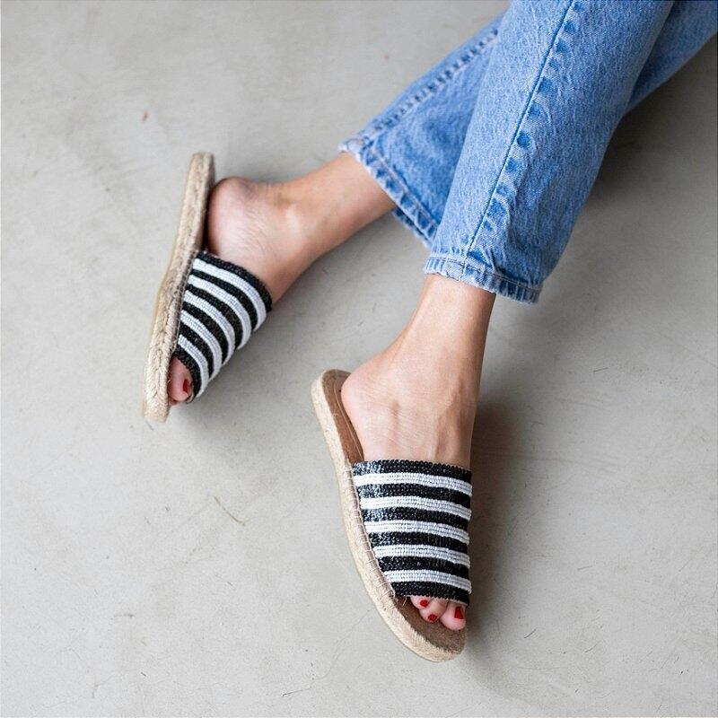 EMBELLISHED ESPADRILLE SLIDE SOLID BLACK