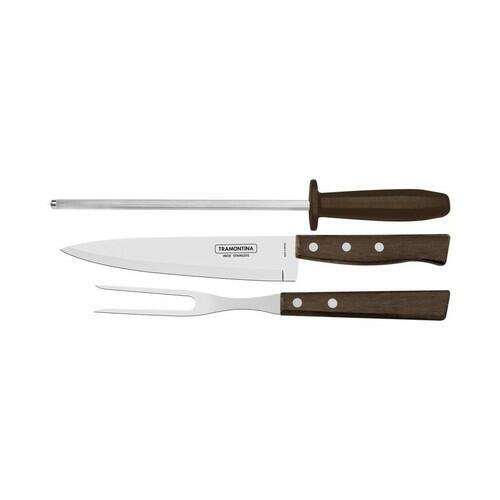 Jogo 3 peças para Churrasco em Aço Inox com Cabo Marrom Madeira e Polipropileno Tramontina
