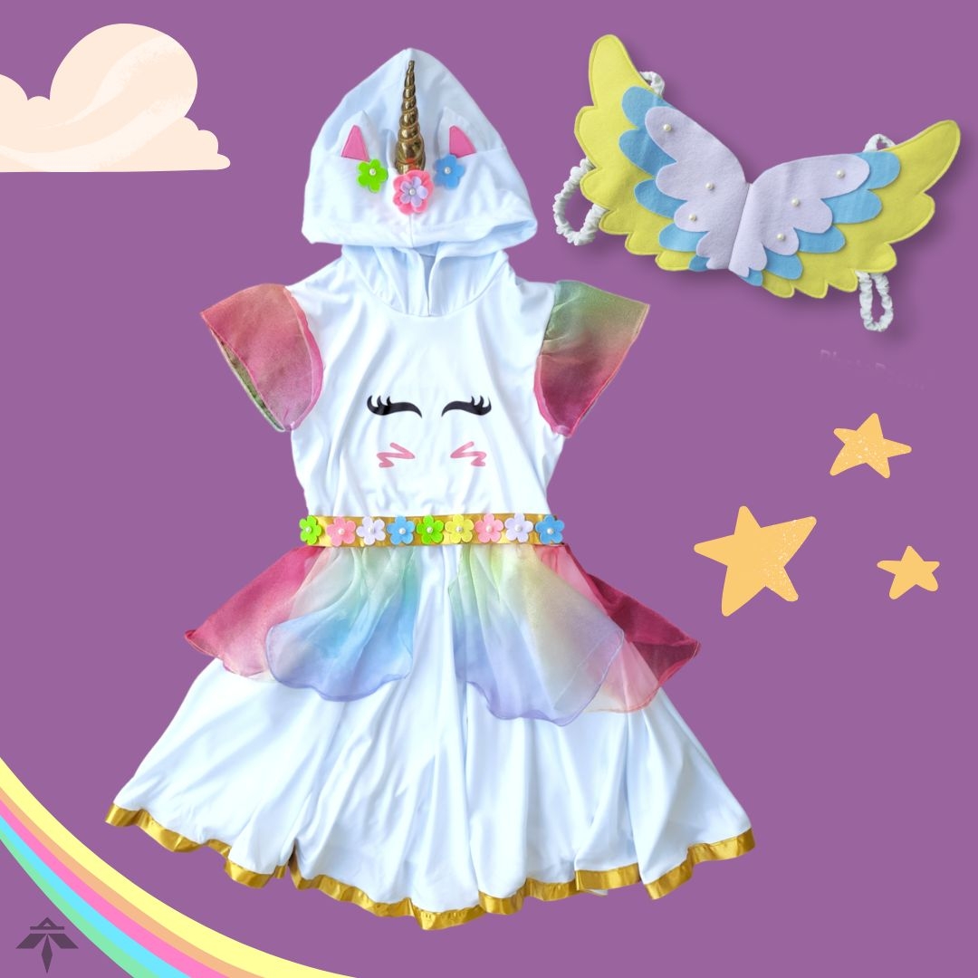 Fantasia Infantil Vestido Unicórnio C/ Capuz e Asas Brinde Cinto de  Flores e Pérolas Branco anos - Main Image