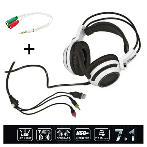 Fone Ouvido Headset Gamer 7.1 LED, USB, P2, Microfone