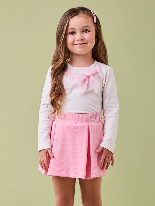 Comprar CONJUNTO BLUSA PÉROLA COM LAÇO EM TULE ROSA E SHORT SAIA