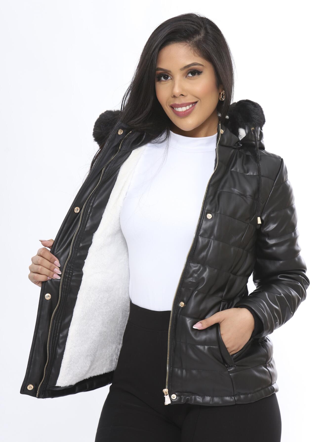 Jaqueta de Couro Feminina Forrada com Touca - Trix Fit