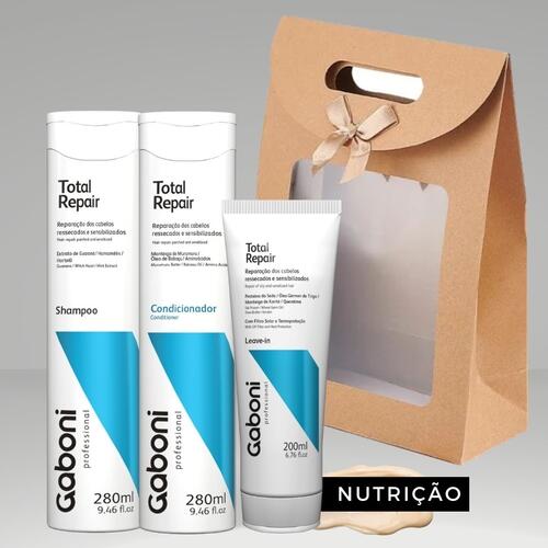 Kit Presente Dia das Mes - Reparao e nutrio intensa Shampoo + Condicionador + Leave-in Sem Enxgue Total Repair Gaboni