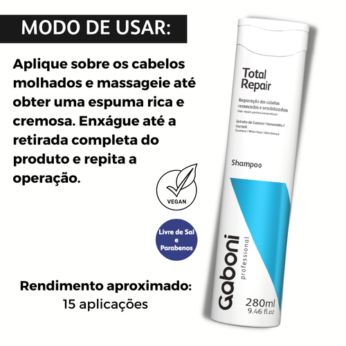 Kit Presente Dia das Mes - Reparao e nutrio intensa Shampoo + Condicionador + Leave-in Sem Enxgue Total Repair Gaboni