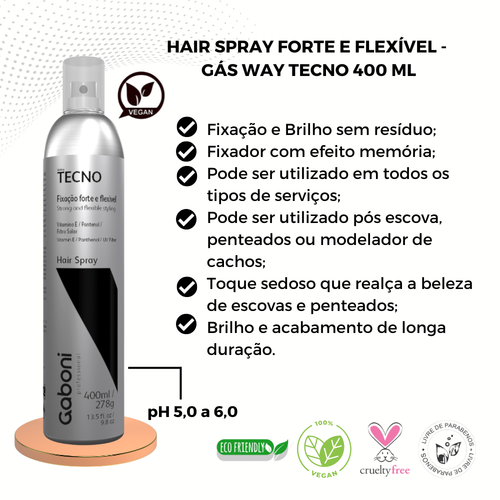 Hair Spray Forte e Flexível c/ Filtro Solar Tecno Gás Way Gaboni 400ml