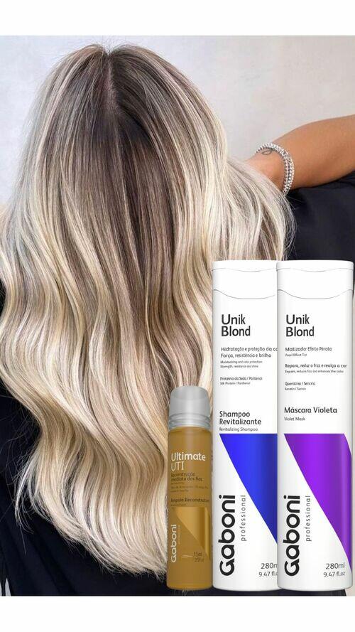 Kit UnikBlond Máscara Violeta Pérola + Shampoo + Ampola Gaboni