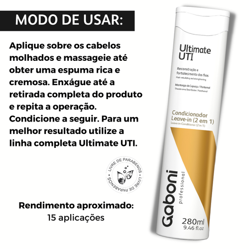 Shampoo Reconstrutor + Condicionador Leave-in (2 em 1) Reconstrutor + Ampola Reconstrutora Ultimate UTI Gaboni