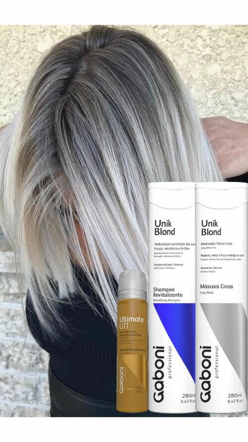 Kit UnikBlond Máscara Cinza Platinado + Shampoo + Ampola Gaboni