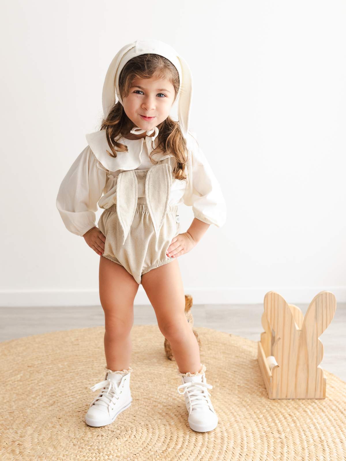 Romper Infantil Coelho Pompom Linho Unissex | Mini Piks