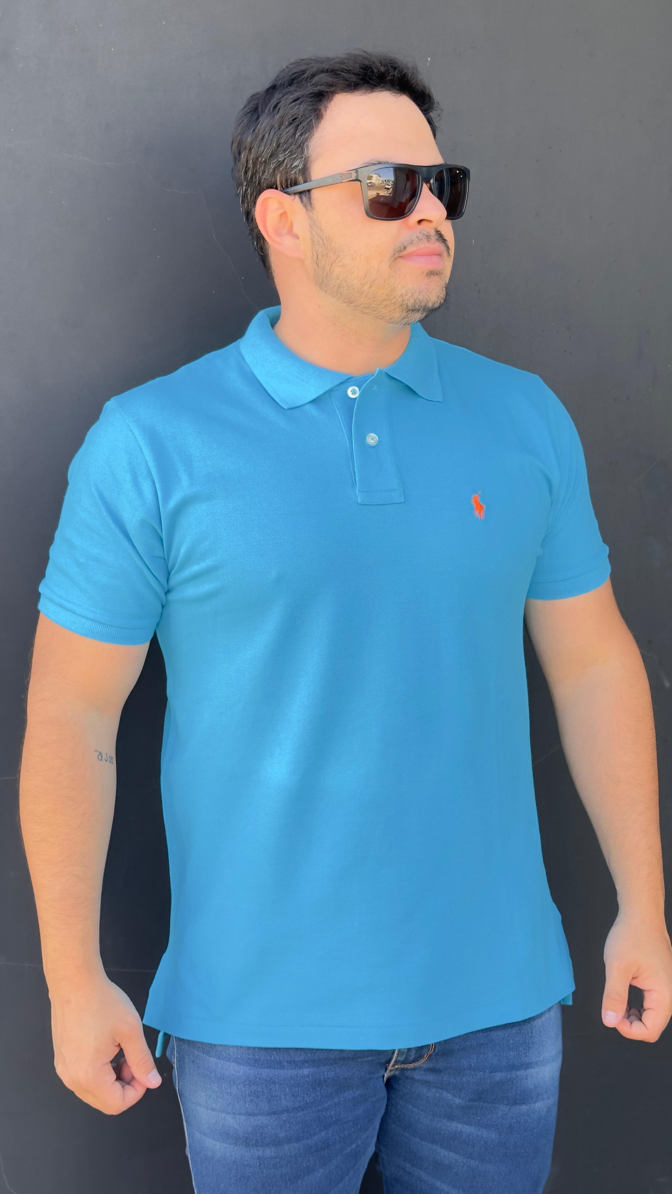 Camisa Polo Ralph Lauren Azul Piscina Masculina com Bordado Laranja