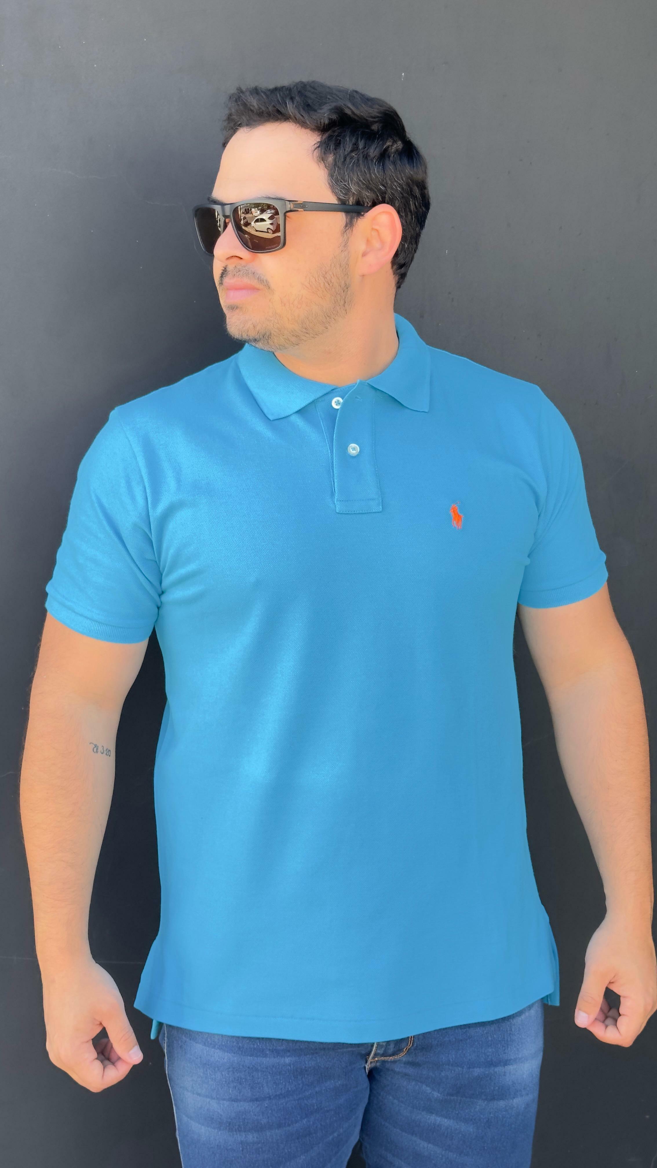 Cyan様 Ralph Lauren Camisa Polo Ralph Lauren Masculina Custom Fit Azul Celeste Pony