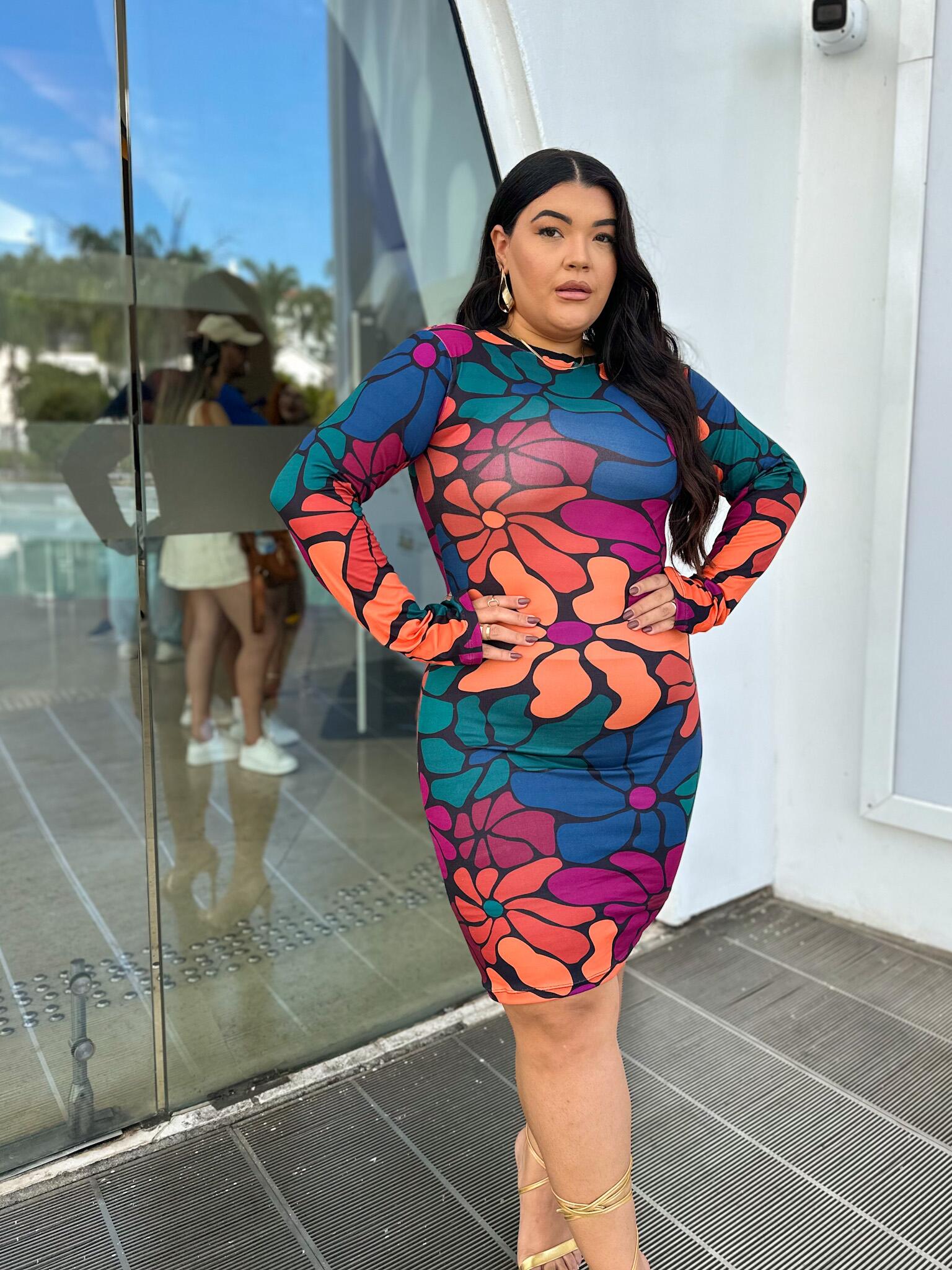 Comprar Vestido Suede Estampado Manga Longa Elegância e