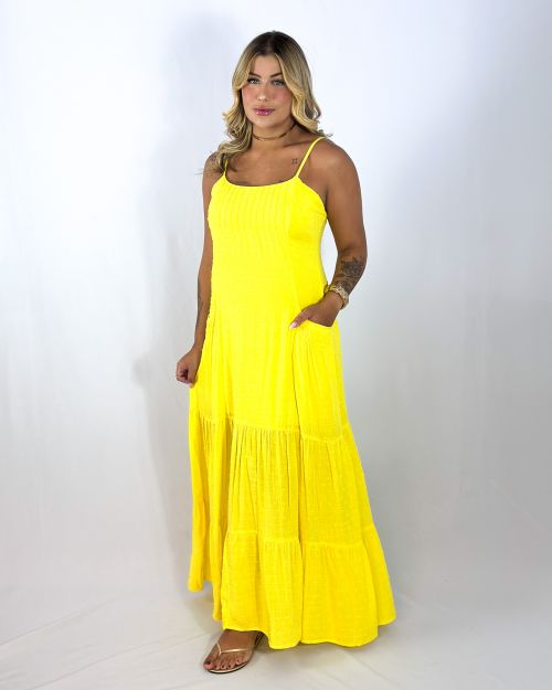 Comprar Vestido Longo em Viscose com Bolsos Amarelo a partir de