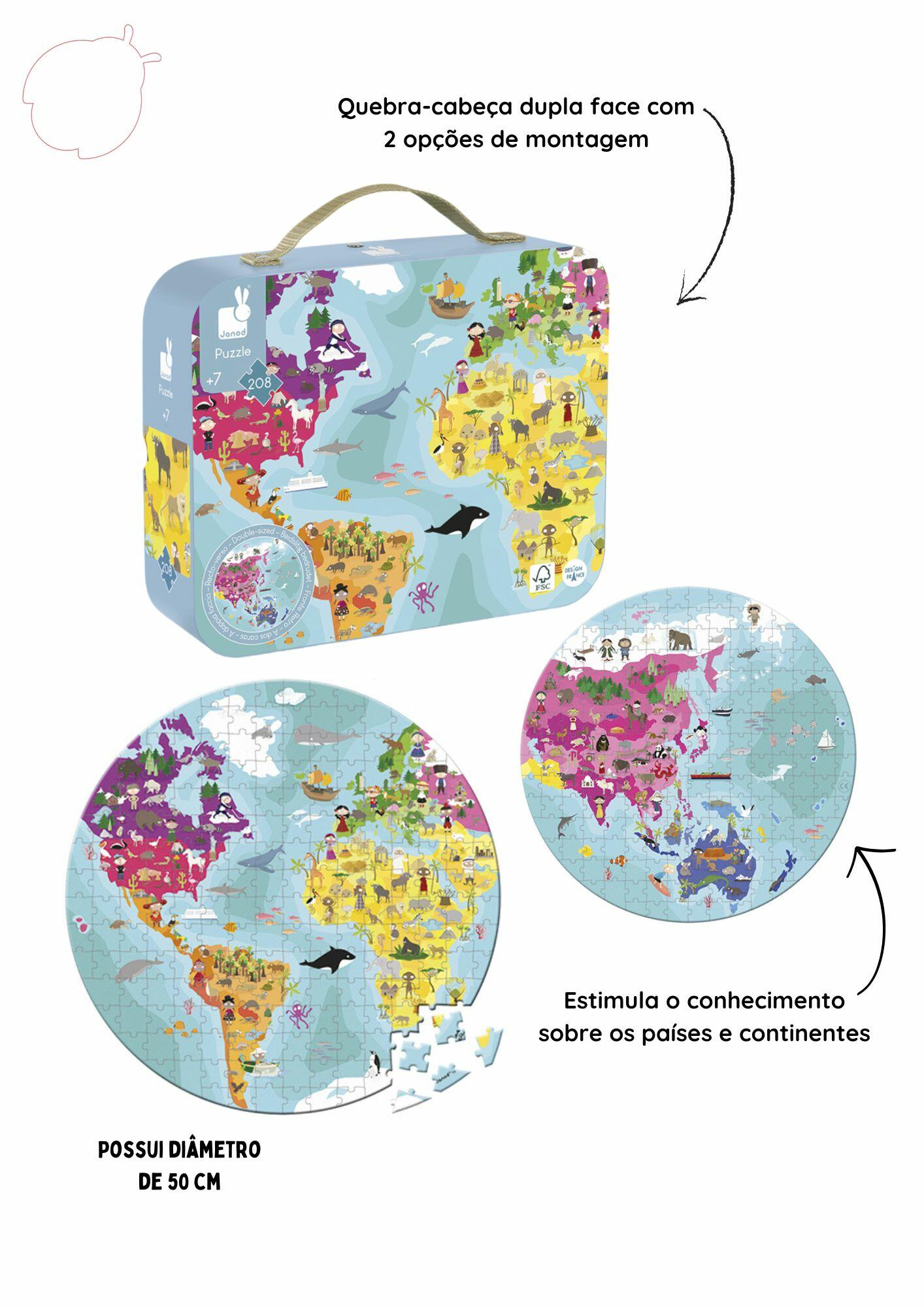 Comprar QUEBRA-CABEÇA MAPA MUNDI DUPLA FACE 208 PEÇAS - JANOD