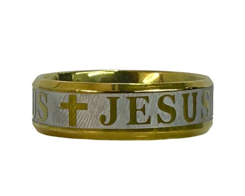 Aliança de aço inox 316L dourada chanfrada com gravação Jesus, 8mm ...