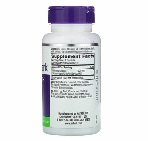 Casca de Yohimbe 500 mg - Natrol 90 Cápsulas