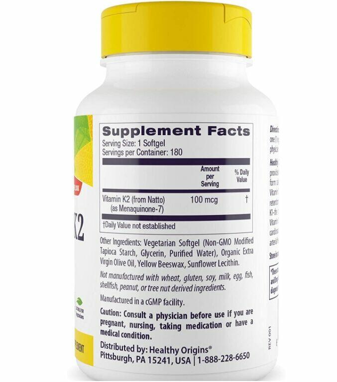 MK7 com Vitamina k-2 100 mcg - Healthy Origns 180 sofgels