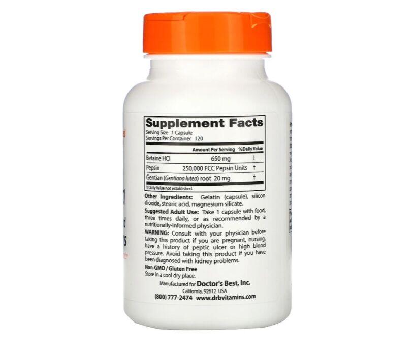 Betaína HCL Pepsina e Genciana Doctor's Best -120 Cápsulas