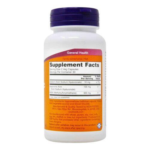 cido Hialurnico 50 mg + MSM - Now Foods - 60 cpsulas