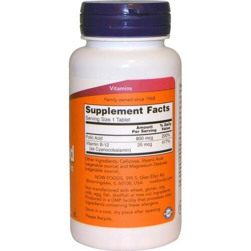 Ácido Fólico 800 mcg com Vitamina B-12 - Now Foods - 250 Tablets