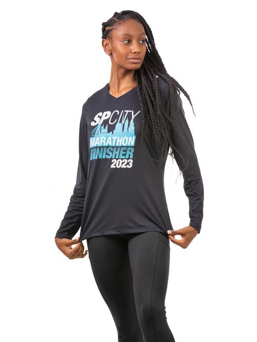 Camiseta Feminina Manga Longa SP City Marathon Preta Bolt Sport Dry