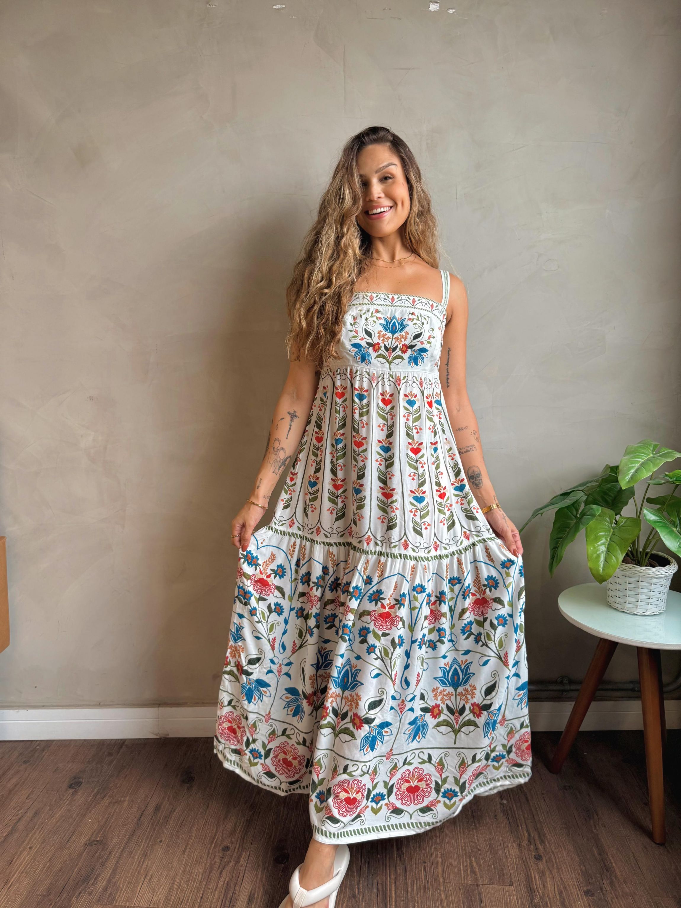 Vestido Longo Estampado Vestido Farm Jardim De Cor De Concha Farm