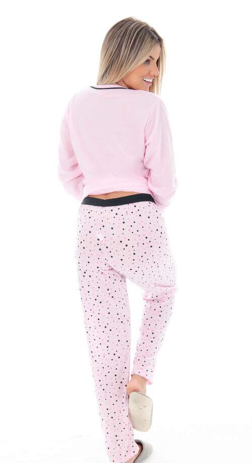 Pijama Calça Poá e Blusa Manga Longa Pinguim Rosa ou Lilás