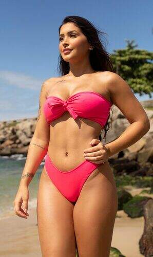 Conjunto Biquíni Top Faixa Lacinho com Calcinha Tradicional Rosa