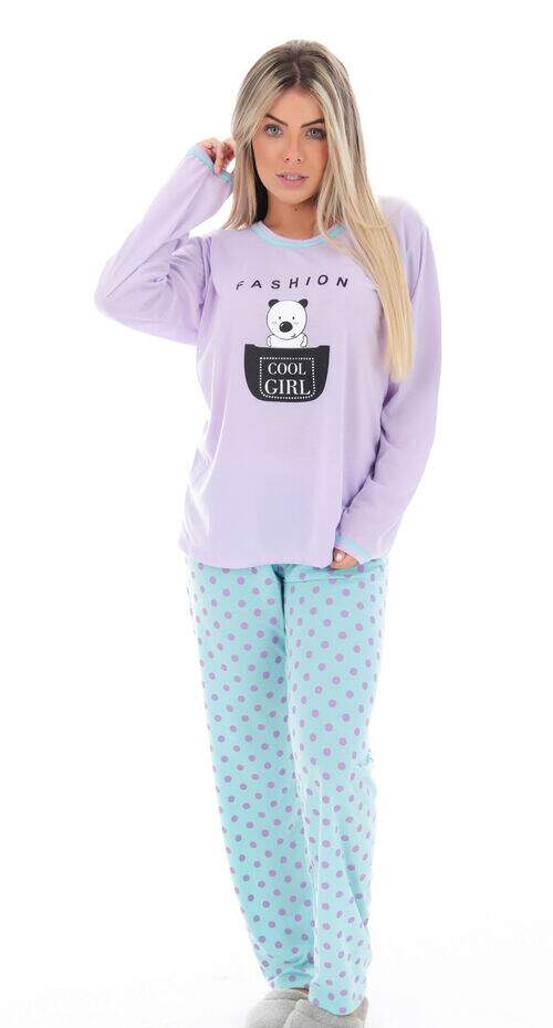 Pijama Calça Poá e Blusa Manga Longa Panda Lilás com Verde Água