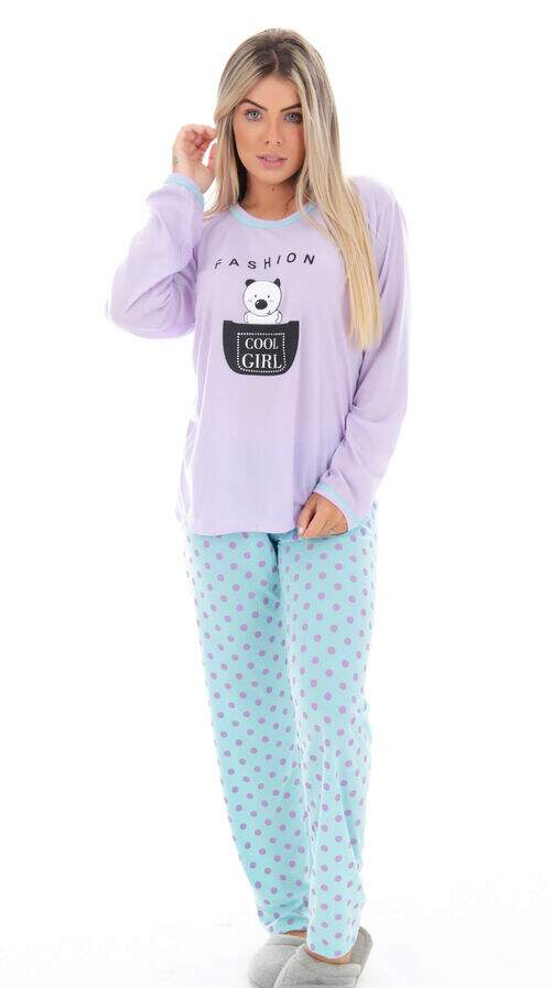 Pijama Calça Poá e Blusa Manga Longa Panda Lilás com Verde Água