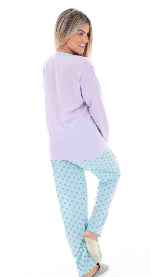 Pijama Calça Poá e Blusa Manga Longa Panda Lilás com Verde Água