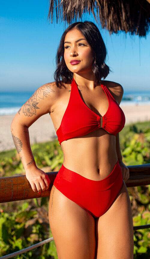 Conjunto Biquíni Top Reforçado com Calcinha Cintura Alta Cós Vermelho
