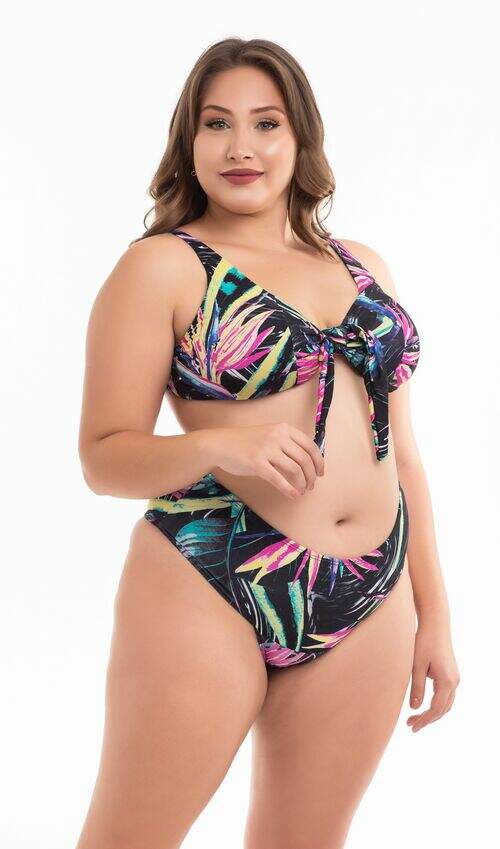 Biquíni Plus Size Laço com Bojo Removível e Calcinha Cintura Média Estampado Preto