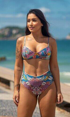 Conjunto Biquíni Meia Taça com Aro e Calcinha Hot Pants Estampado Chic