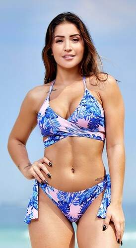 Conjunto Biquíni Top Transpassado com Calcinha Empina Bumbum Estampado Rosa e Azul