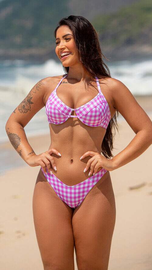 Conjunto Biquíni Meia Taça com Calcinha Asa Delta Fio Duplo Xadrez Rosa