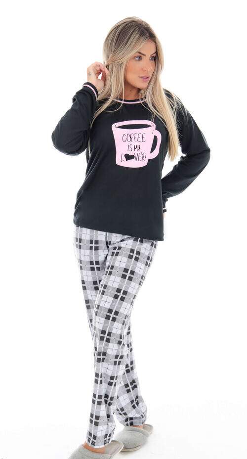 Pijama Calça Xadrez com Blusa Preta Silk Rosa ou Lilás Coffee