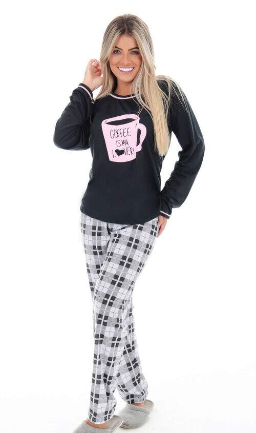 Pijama Calça Xadrez com Blusa Preta Silk Rosa ou Lilás Coffee