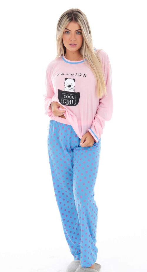 Pijama Calça Poá e Blusa Manga Longa Panda Rosa com Azul