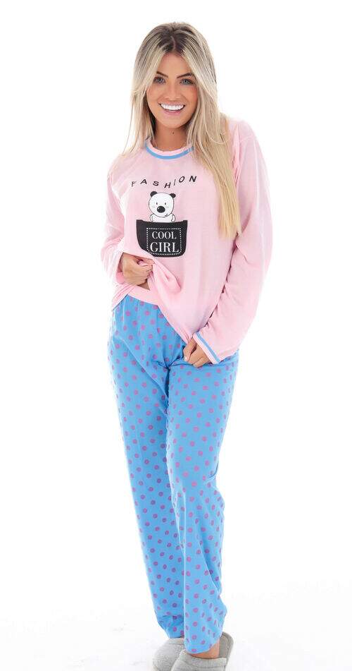 Pijama Calça Poá e Blusa Manga Longa Panda Rosa com Azul