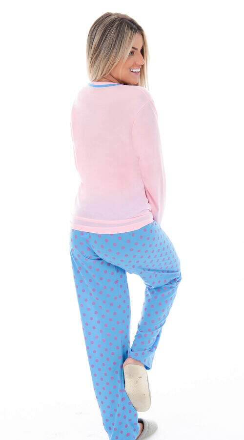 Pijama Calça Poá e Blusa Manga Longa Panda Rosa com Azul