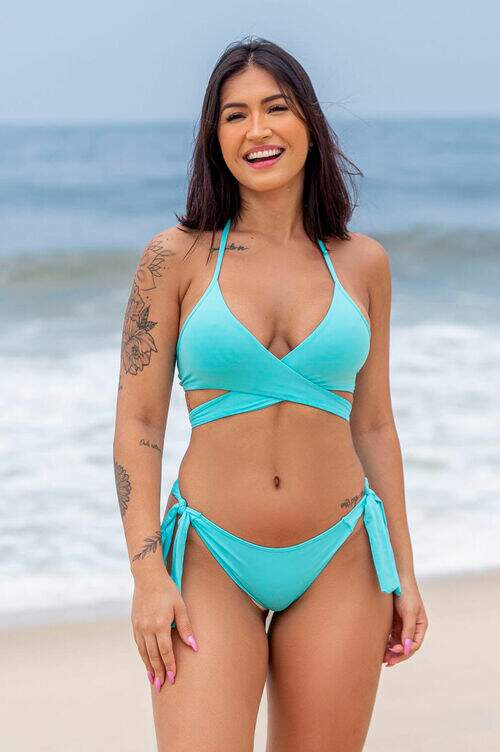 Conjunto Biquíni Top Transpassado com Calcinha Empina Bumbum Azul Piscina