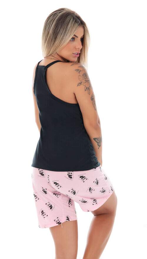 Short Doll Regata com Bermuda Ursinho Rosa ou Lilás com Preto