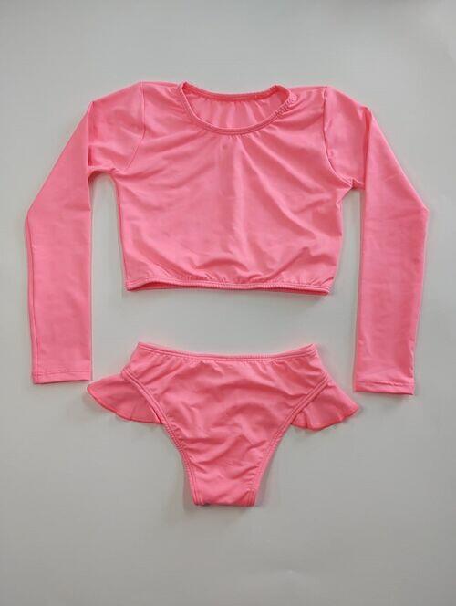 Conjunto Biquíni Manga Longa Infantil Estampa Mágica Rosa
