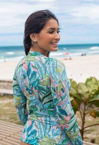 Blusa Proteção UV50+ Manga Comprida Estampado Folhagens Verde