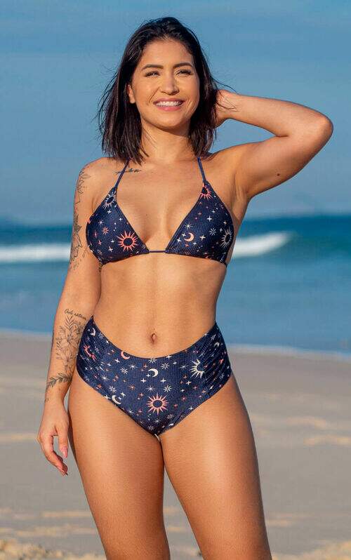 Conjunto Biquíni Cortininha Canelado Éden e Calcinha Hot Pants Cintura Alta Estampado
