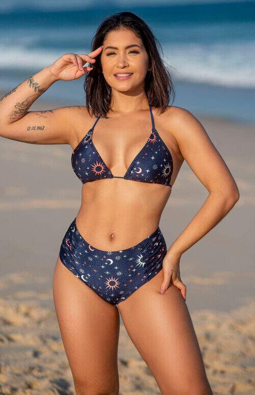 Conjunto Biquíni Cortininha Canelado Éden e Calcinha Hot Pants Cintura Alta Estampado