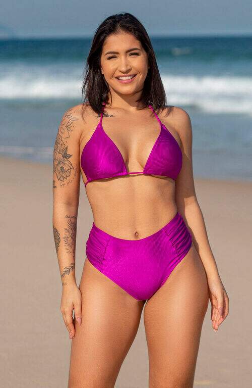 Conjunto Biquíni Cortininha Canelado Éden e Calcinha Hot Pants Cintura Alta Gaia